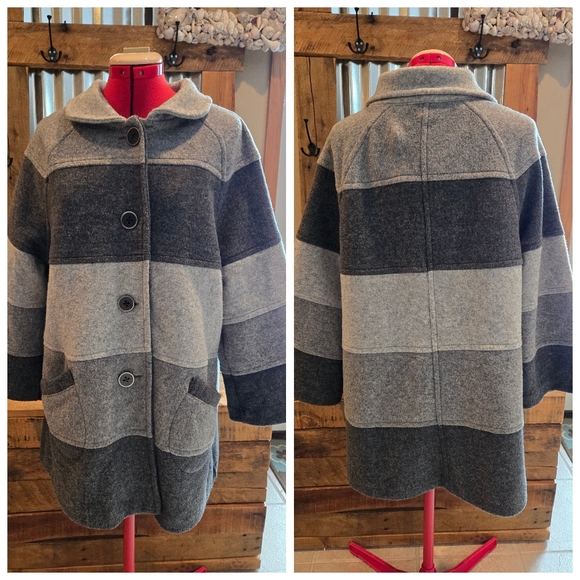 Wool Blend Wide Grey Stripe Car Coat Jones NY Sport - Picture 2 of 6